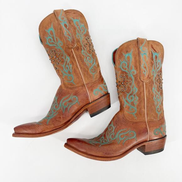Lucchese Women’s 11 Cognac Leather Teal Stitch Studded Pointed Toe Cowgirl Boots - Picture 4 of 12